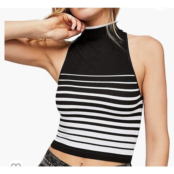 Free People Tops - Free People Sz XS Black White Gradient Stripe Crop Tank Seamless High Neck